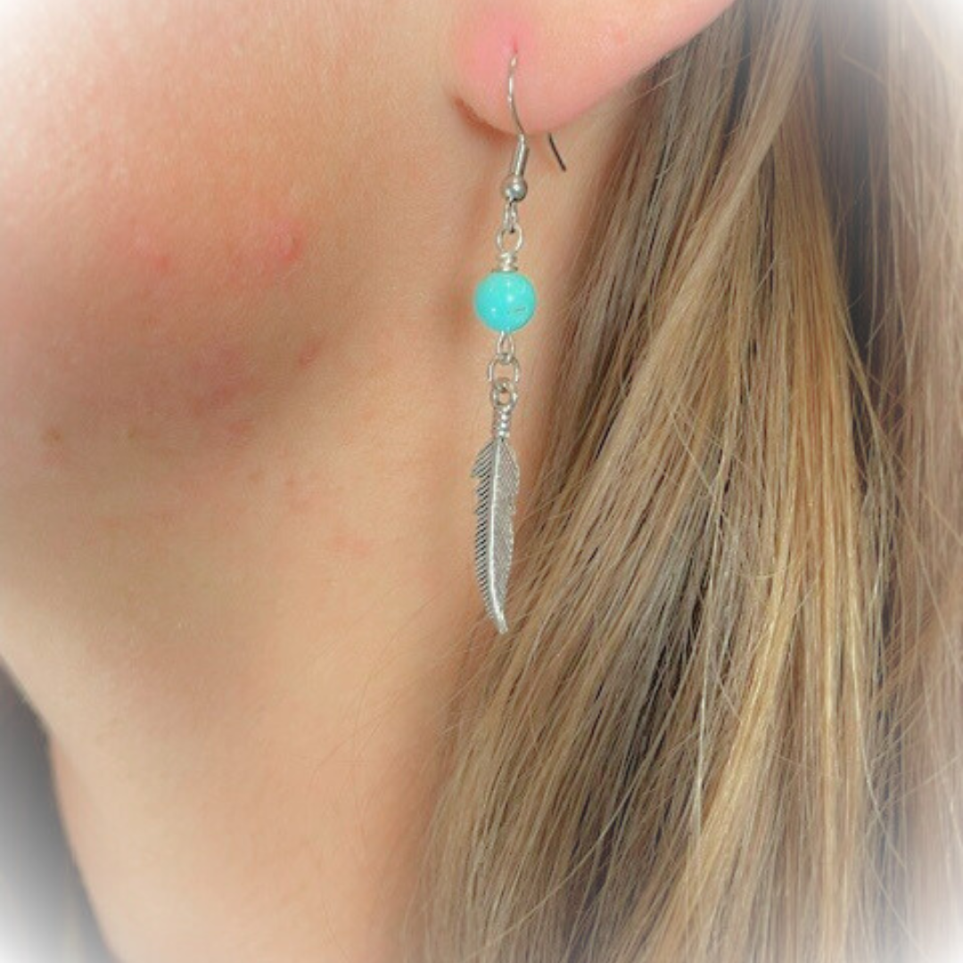 Turquoise Feather Earrings – Silver Plated Charms & Surgical Steel Hooks